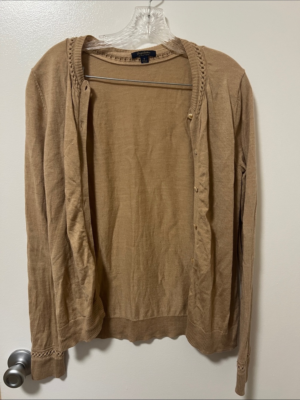 Brooks Brothers Tan Braided-Trim Open Cardigan